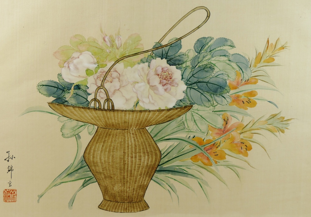 Two Chinese paintings on silk of flowers - Image 4 of 4