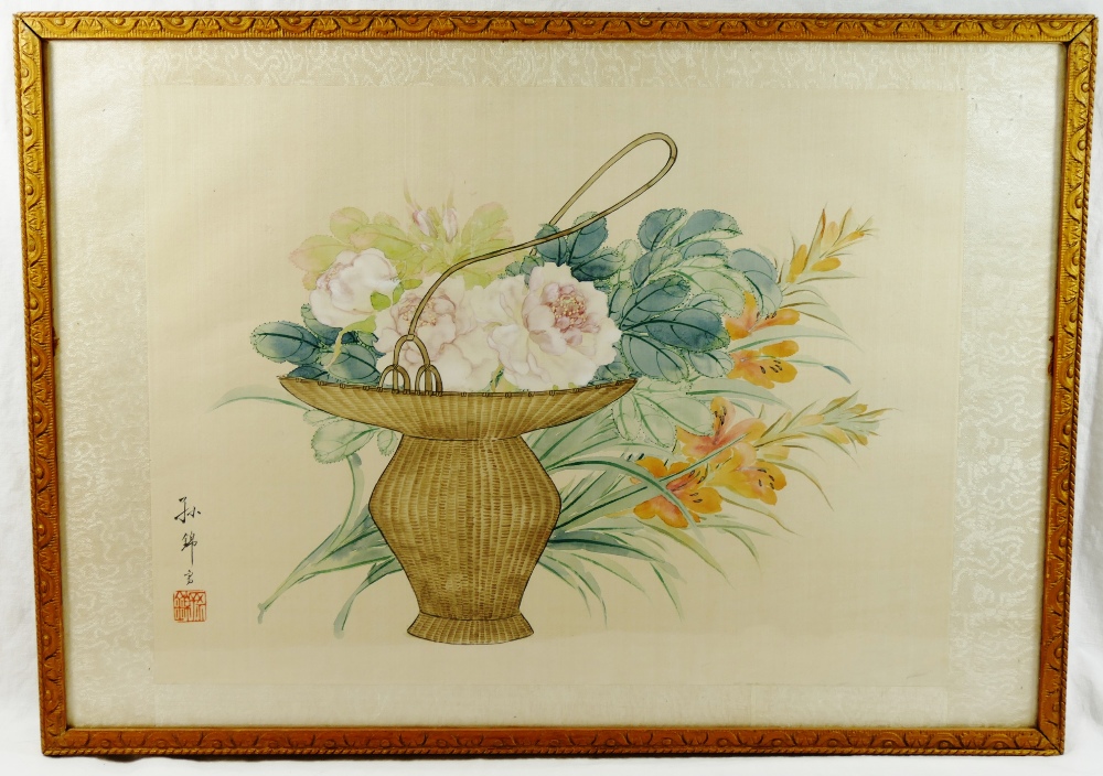 Two Chinese paintings on silk of flowers - Image 3 of 4