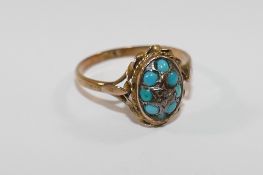 A Victorian 15 carat gold turquoise and diamond oval cluster ring,