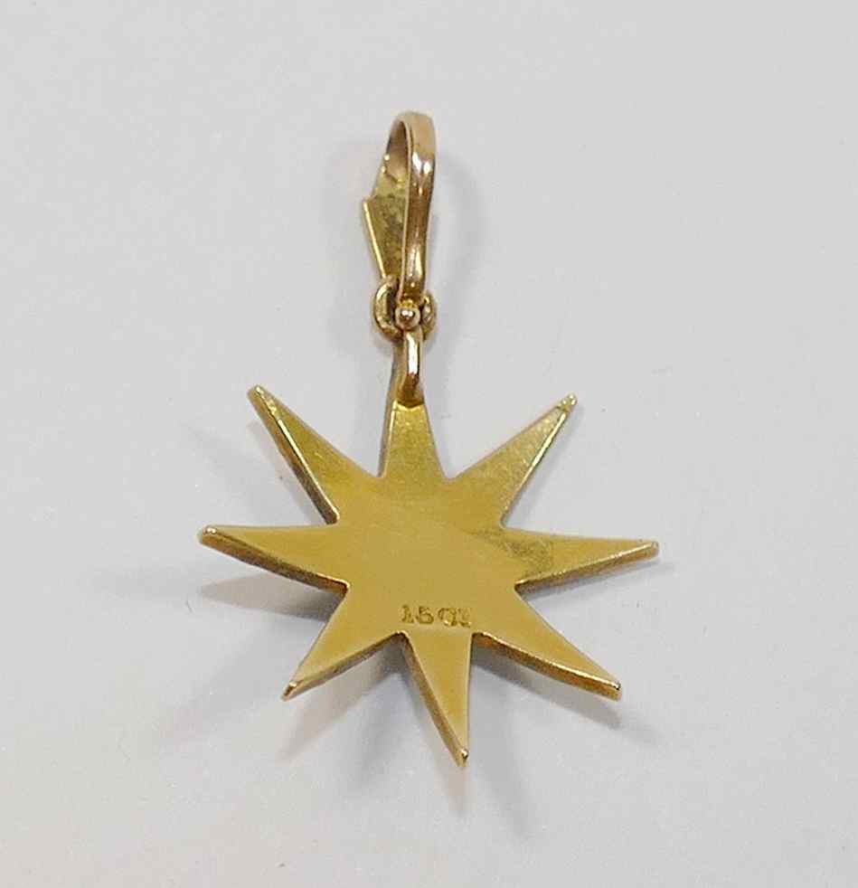 A Victorian gold, half seed pearl and turquoise set star pendant, stamped '15CT', 3cm long, - Image 2 of 2