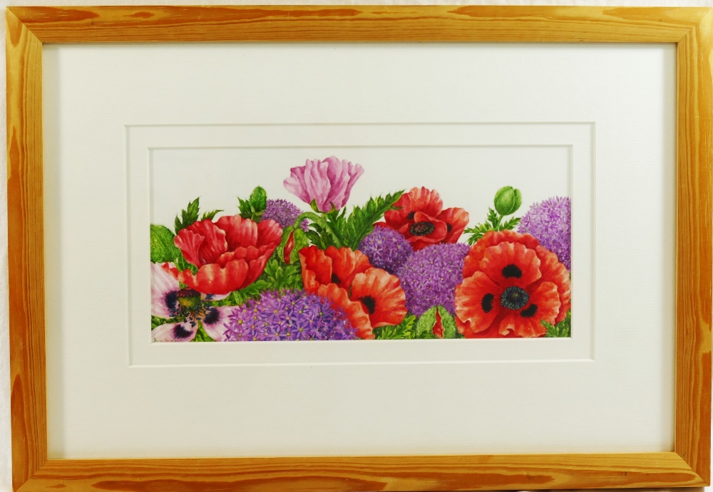 Paula Joyce SBA (b. 1939), 'Poppies and Allium', watercolour, signed lower left, 11cm x 23.