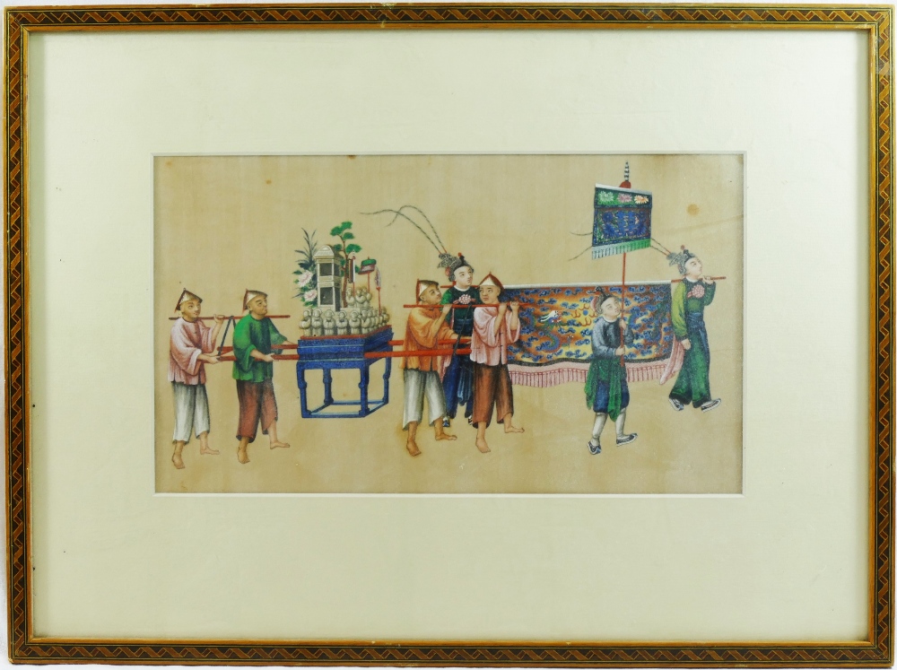 Late 19th/early 20th Century Chinese watercolour of seven figures in a procession, 18cm x 31cm,