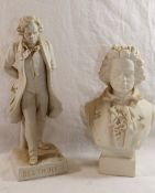 A bisque figure of Beethoven on square plinth, 24cm high, and another bisque bust of Beethoven, 19.
