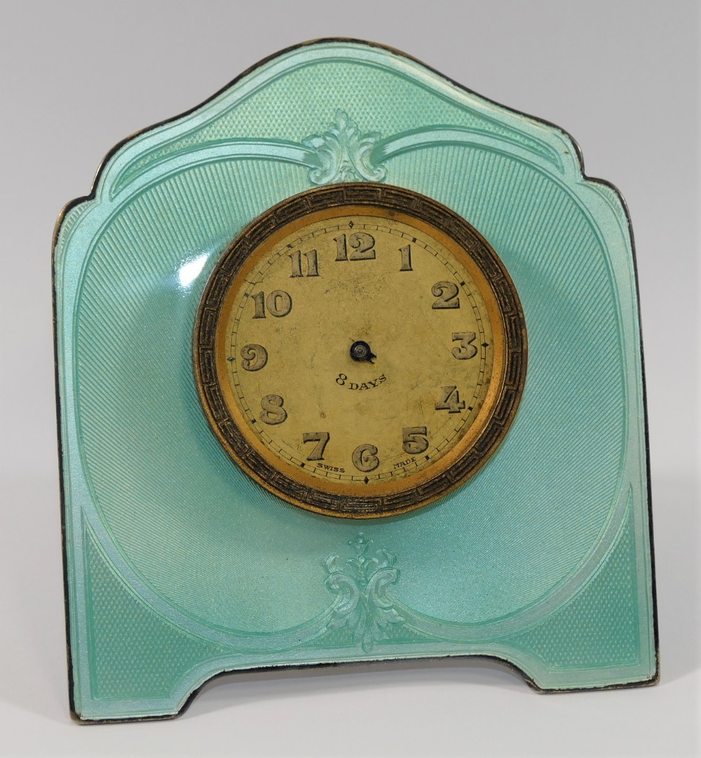 A silver coloured metal and guilloche enamelled easel backed clock, - Image 2 of 3