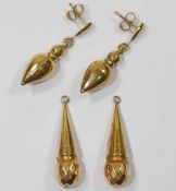 Two Victorian style hollow gold earring drops, Chester 1954, 3cm long, 1.