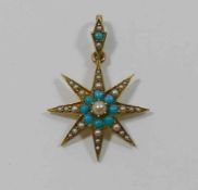 A Victorian gold, half seed pearl and turquoise set star pendant, stamped '15CT', 3cm long,