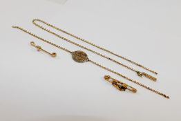 Yellow metal items comprised of a chain and two small bar brooches, all at fault, 10.