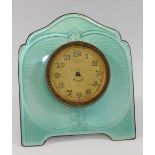 A silver coloured metal and guilloche enamelled easel backed clock,