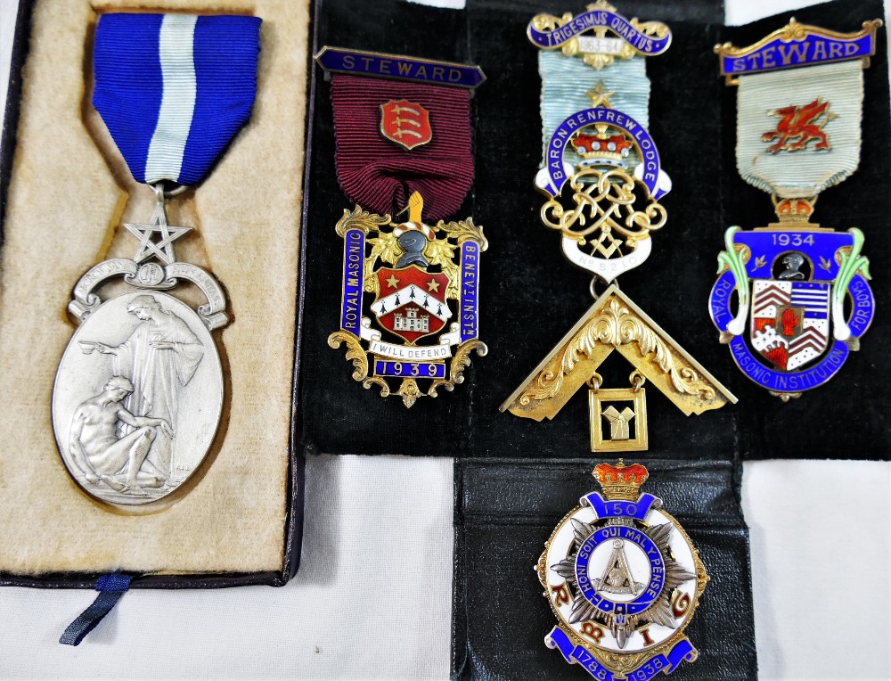 Five Masonic silver and enamel medals,