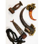 A collection of Tribal items comprised of a horn mounted with bells and a similar tusk,