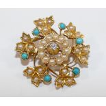 A Victorian gold, diamond, seed pearl and turquoise pendant brooch, 2.5cm diameter, 5.