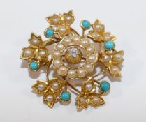 A Victorian gold, diamond, seed pearl and turquoise pendant brooch, 2.5cm diameter, 5.