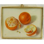 Sheila Fairman RMS (1924-2013), 'Jaffas', miniature still life, oil on ivorine,