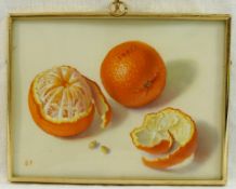 Sheila Fairman RMS (1924-2013), 'Jaffas', miniature still life, oil on ivorine,