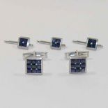 A set of 1960's square sapphire set cuff links and dress studs, by Laykin et Cie at I.Magnin and Co.