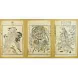 A collection of 16 Japanese monochrome and other woodblock prints, various subjects,