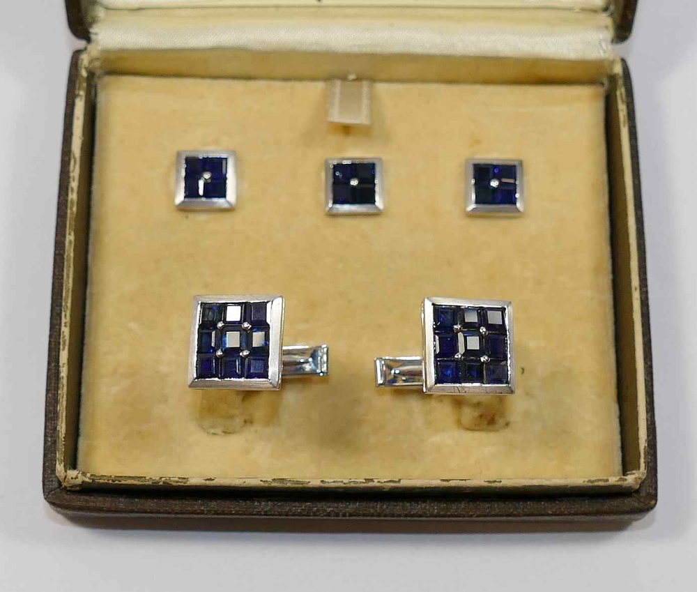 A set of 1960's square sapphire set cuff links and dress studs, by Laykin et Cie at I.Magnin and Co. - Image 2 of 6