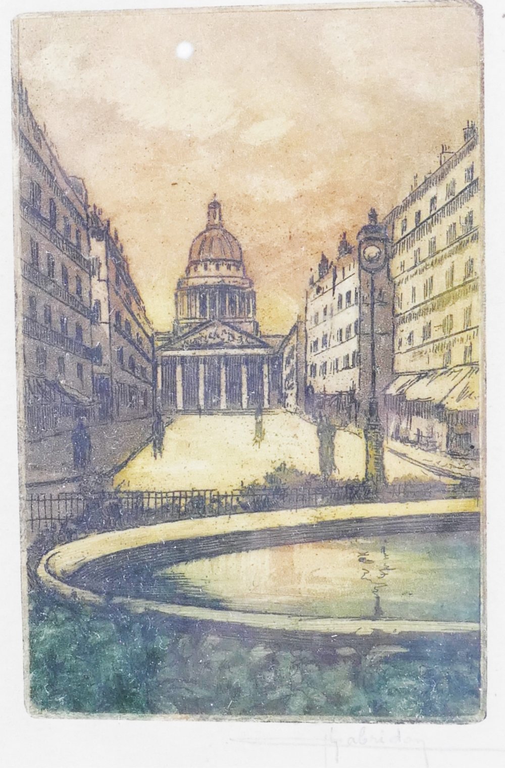 Three coloured intaglio prints; Jean-Joseph Chabridon (19th and 20th century), Pantheon, Paris,