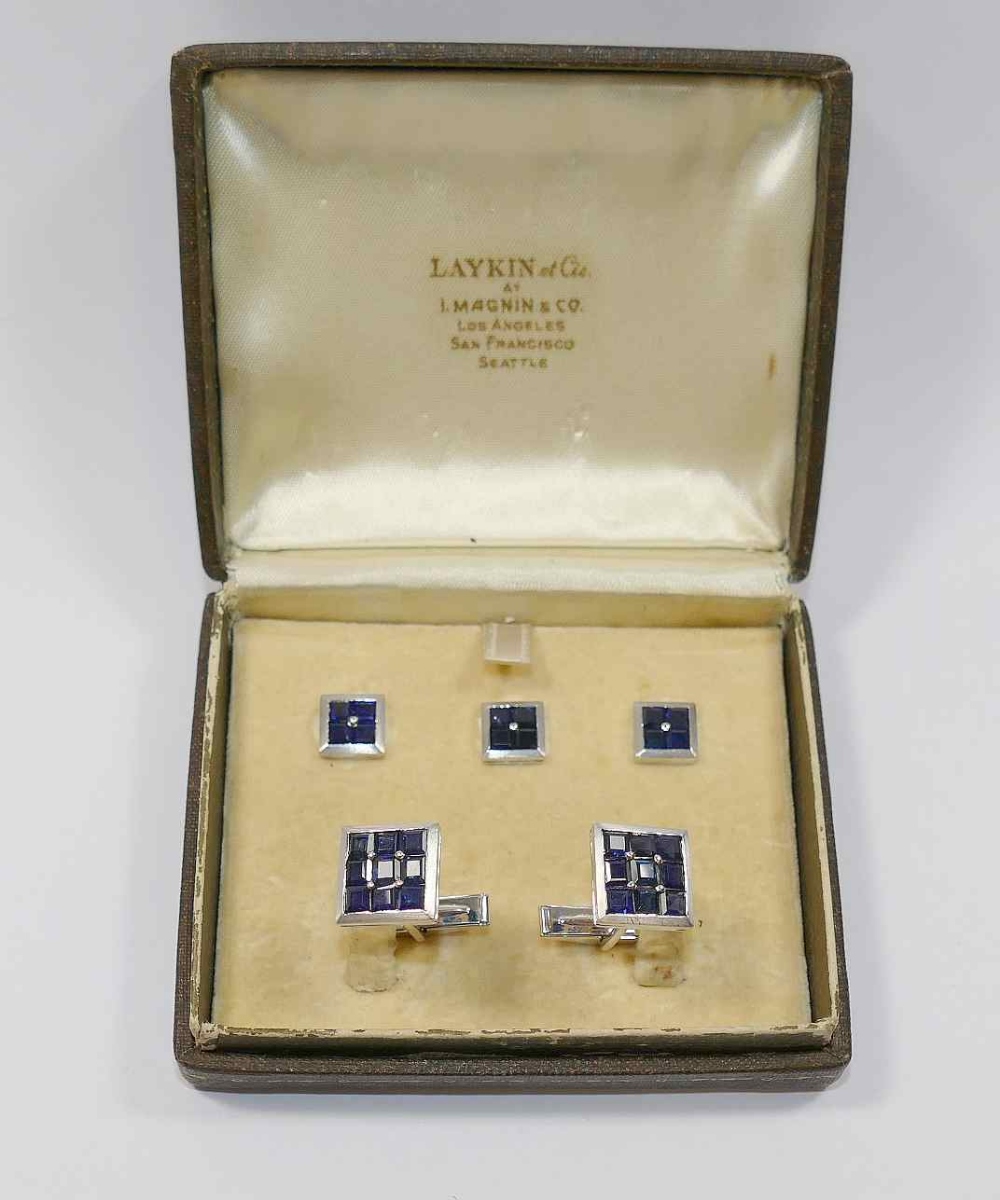 A set of 1960's square sapphire set cuff links and dress studs, by Laykin et Cie at I.Magnin and Co. - Image 4 of 6