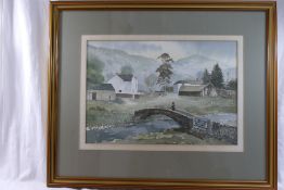 Sam Chadwick (1902-1992), Yorkshire Dales - figure on a bridge, watercolour, signed lower centre,