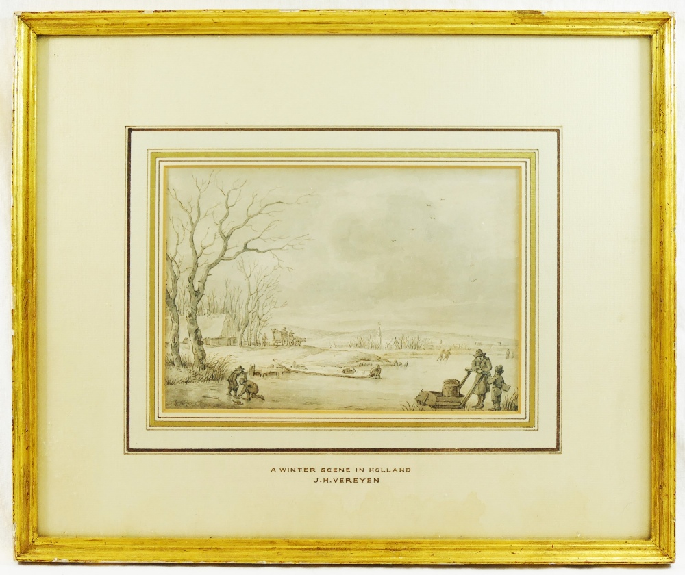 Jan Hendrik Vereyen (1778 - 1846), 'A winter scene in Holland', pen and wash, signed lower left,