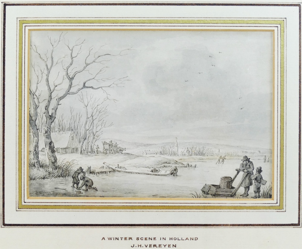 Jan Hendrik Vereyen (1778 - 1846), 'A winter scene in Holland', pen and wash, signed lower left, - Image 2 of 2