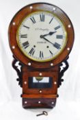 A 19th century rosewood and mother of pearl drop dial wall clock, striking on a gong,