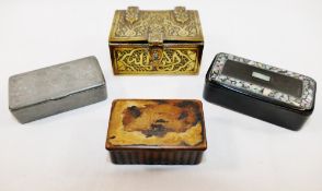 A 19th century rectangular papier machè snuff box with mother of pearl inlaid lid, 2cm x 3cm x 6.