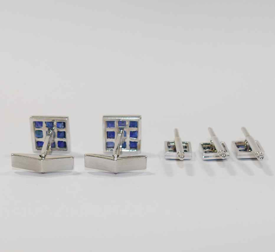 A set of 1960's square sapphire set cuff links and dress studs, by Laykin et Cie at I.Magnin and Co. - Image 5 of 6