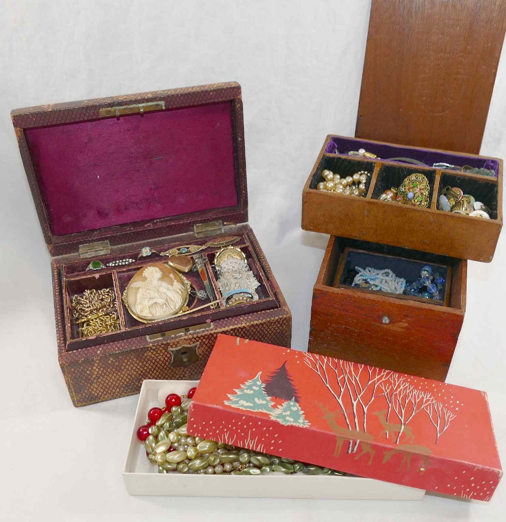 A quantity of Victorian and later jewellery and costume jewellery including a large carved shell