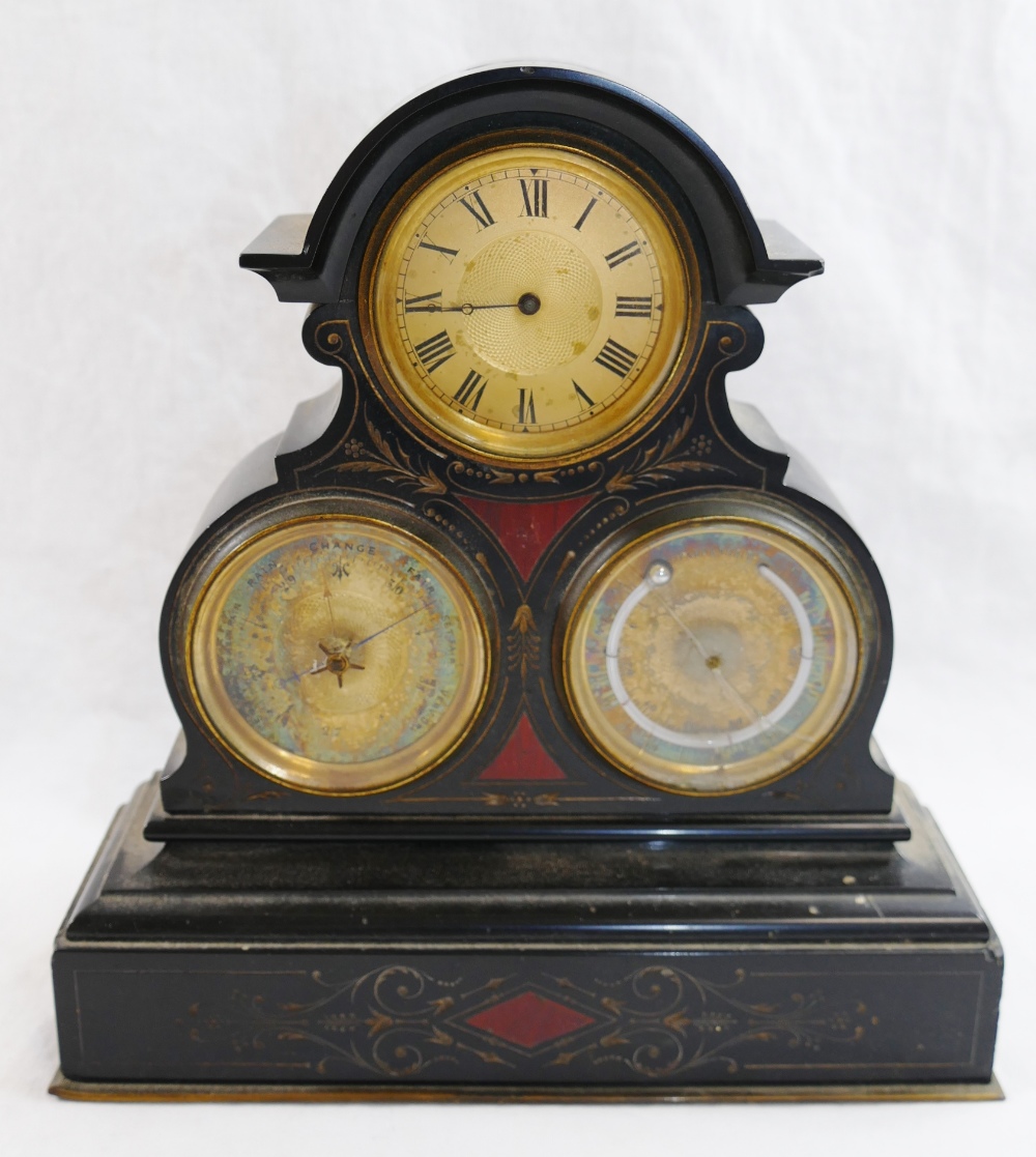 A Victorian black slate and agate set combination barometer and thermometer mantle timepiece,