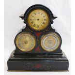 A Victorian black slate and agate set combination barometer and thermometer mantle timepiece,