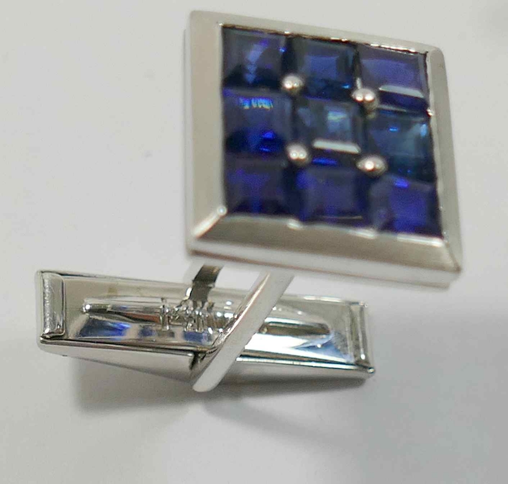 A set of 1960's square sapphire set cuff links and dress studs, by Laykin et Cie at I.Magnin and Co. - Image 6 of 6