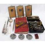 A quantity of miscellaneous items including three silver plated easel back small picture frames,