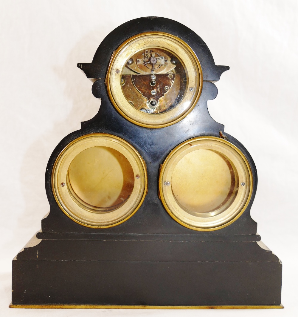 A Victorian black slate and agate set combination barometer and thermometer mantle timepiece, - Image 2 of 2