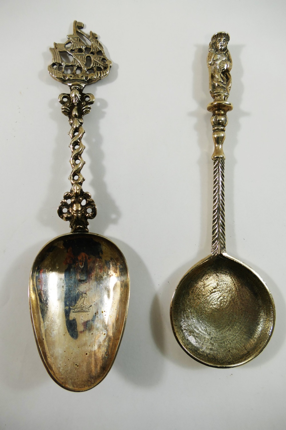 An 18th century Dutch silver christening spoon, cast with ship terminal, stamped 'PAS',