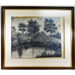 C M Livingstone (19th Century), Colonial house overlooking a lake, charcoal and chalk,
