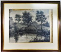 C M Livingstone (19th Century), Colonial house overlooking a lake, charcoal and chalk,