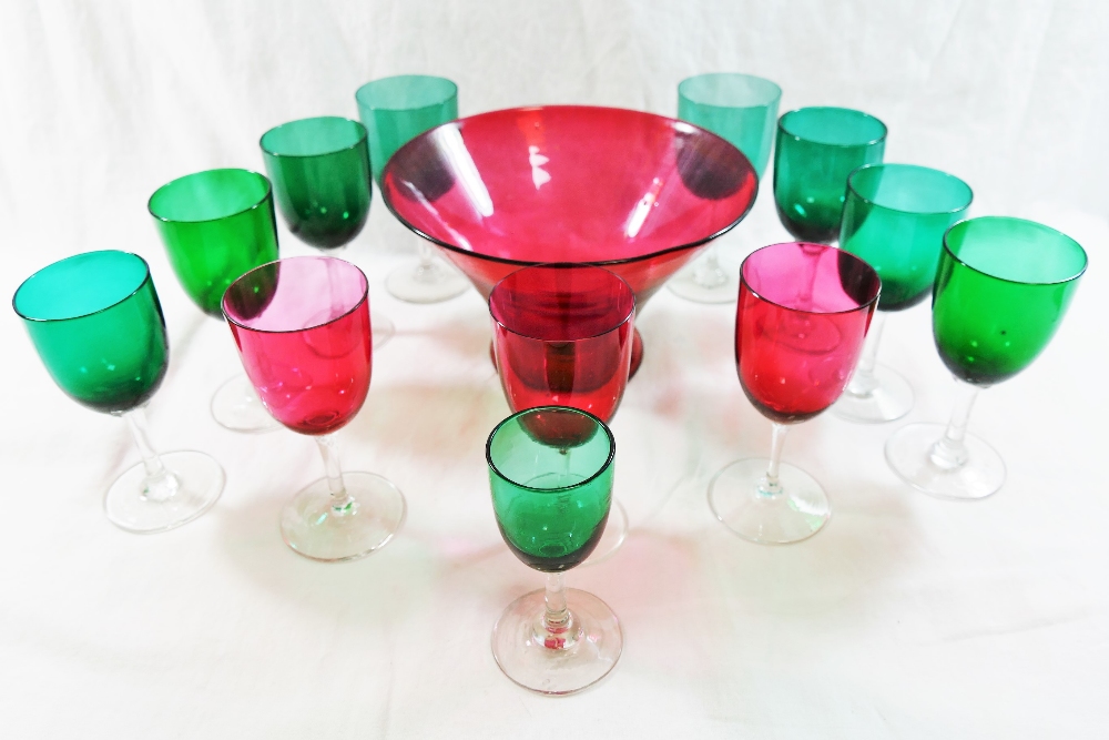 Quantity of Victorian and later drinking glasses including cranberry glass, green glass,