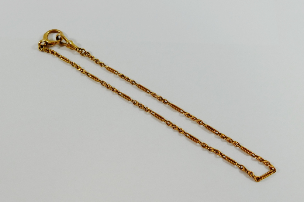 A Victorian 15 carat gold fancy link watch chain, 35.5cm long, 14.