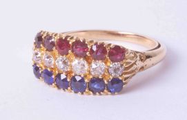 Edwardian three row ruby, sapphire and diamond set ring, size O.