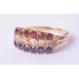 Edwardian three row ruby, sapphire and diamond set ring, size O.