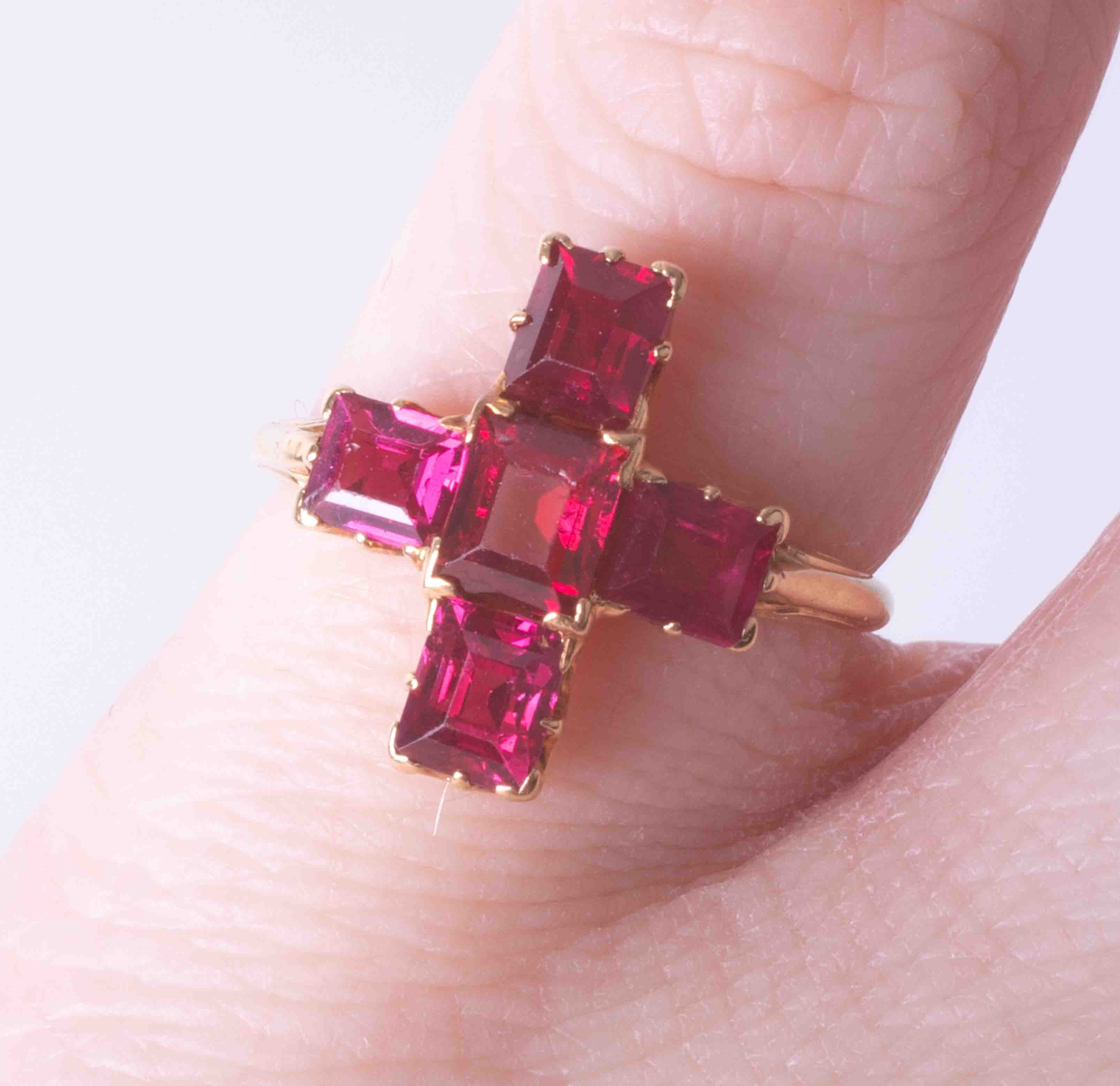 An antique ruby 'cruciform' five stone ring of good colour, circa 1900, size I. - Image 2 of 2