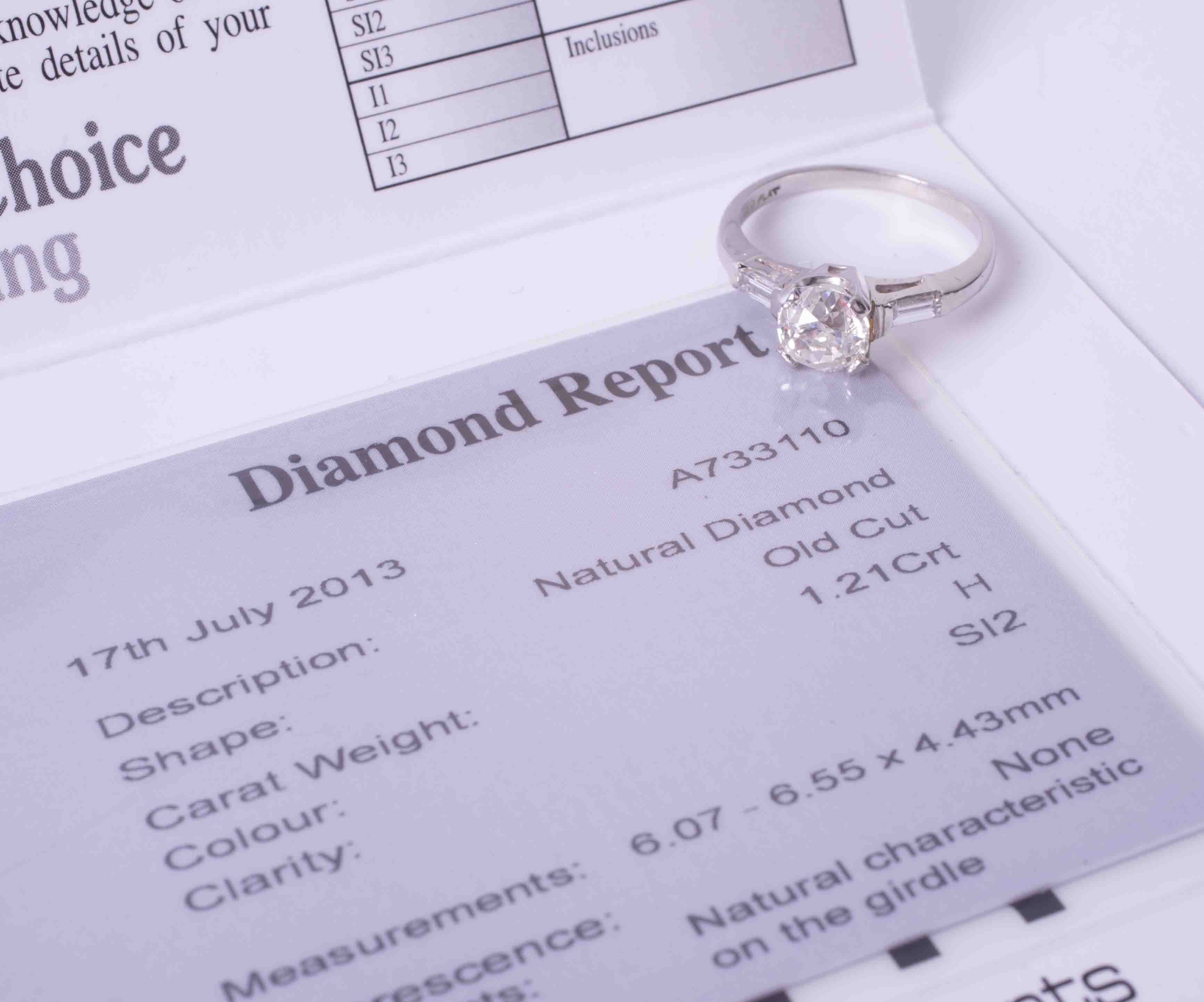 A platinum diamond solitaire ring, 1.21 carats, colour H, clarity SI 2, Old Cut, with EDR diamond - Image 4 of 4