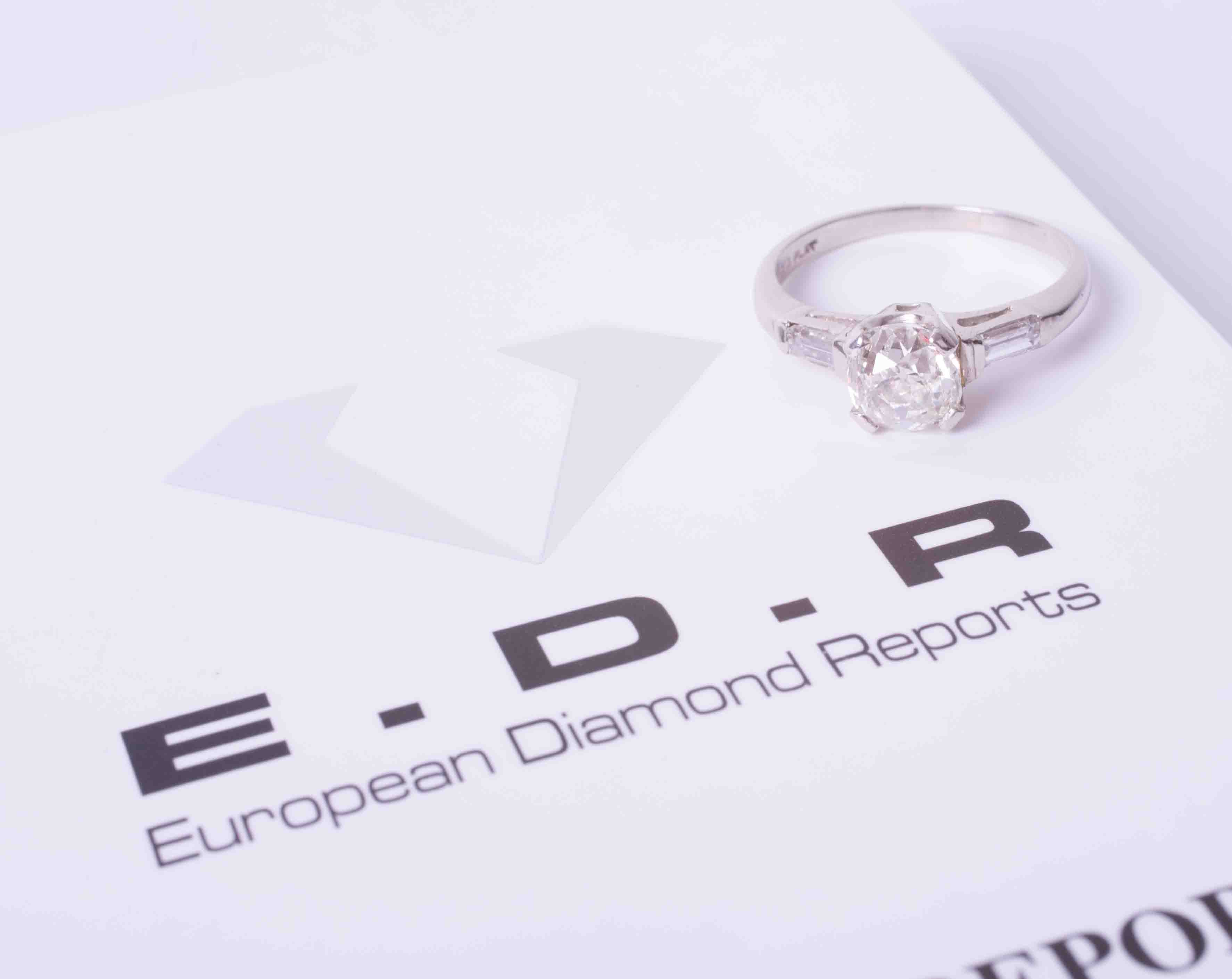 A platinum diamond solitaire ring, 1.21 carats, colour H, clarity SI 2, Old Cut, with EDR diamond - Image 3 of 4