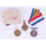 A WWI medal trio, awarded to Private P.S. Peacock SOM. L.I (17722) in original box.