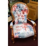 Four reproduction wood framed arm chairs, each decorated in a contemporary GB fabric together with a