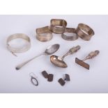 Four silver napkin rings, boxed, silver bangle, spoon, cufflinks and pendant, approximately 4.60oz