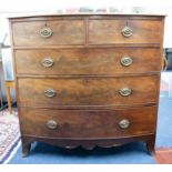 A 19th century mahogany bow fronted chest of five drawers on splayed black bracket feet, width