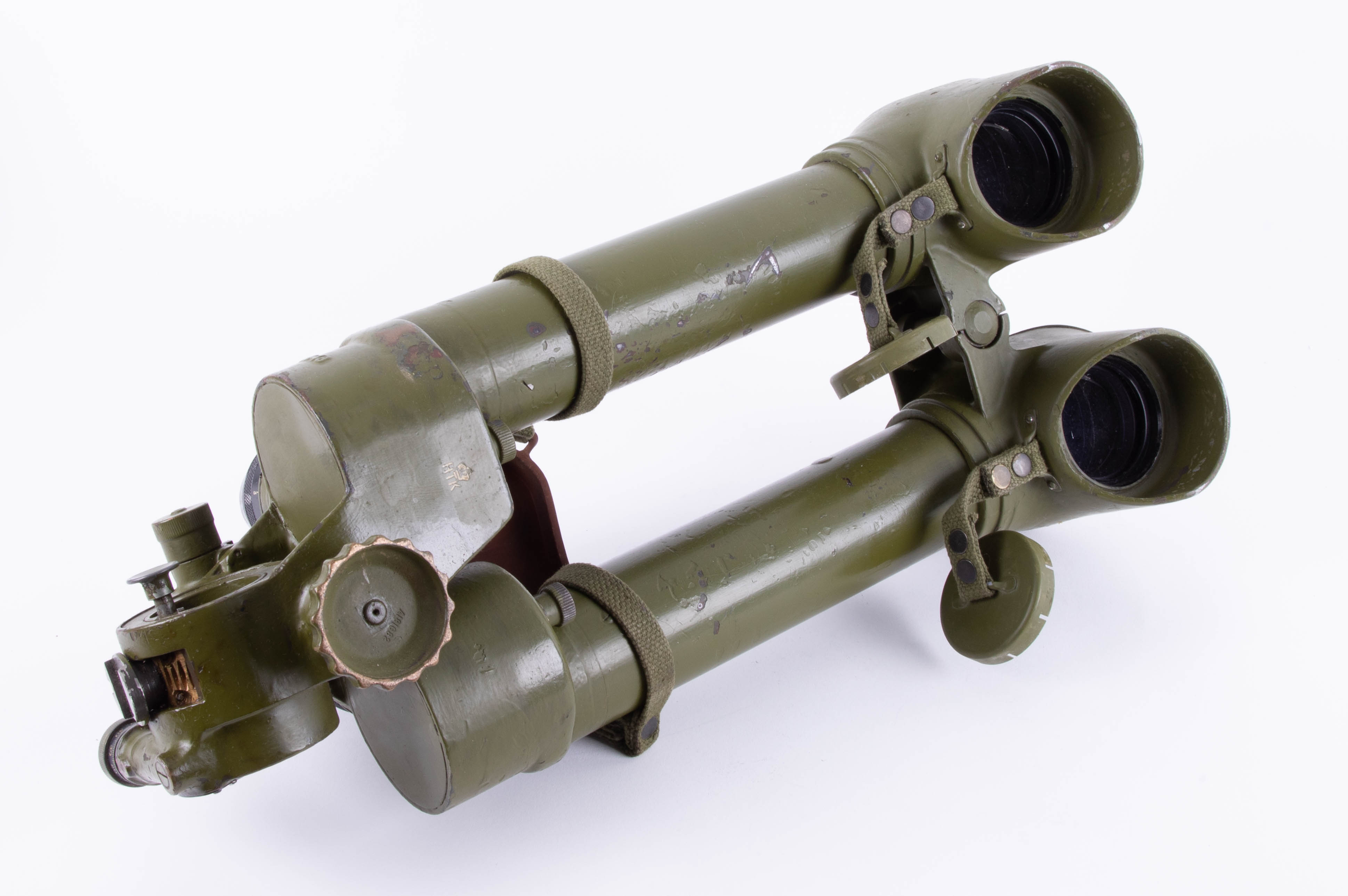 A pair of original WWII 'donkey ears' field trench binoculars, boxed with tripod, in green, marked